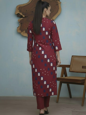 Printed Rust Red Kurta Set