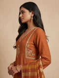 Rust Orange Embroidered Kurta Set With Metallic Striped Dupatta