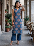 Women's Blue Geometric Printed Sleeveless Straight Kurta