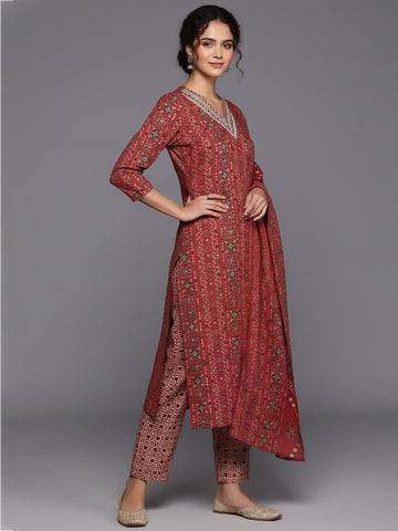 Varanga Women Red Printed V-Neck Embroidered Kurta With Bottom And Dupatta