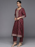 Varanga Women Maroon Embroidered Kurta Paired With Tonal Bottom And Dupatta