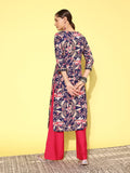 Varanga Women Navy Blue And Pink Floral Printed Gotta Patti Kurta