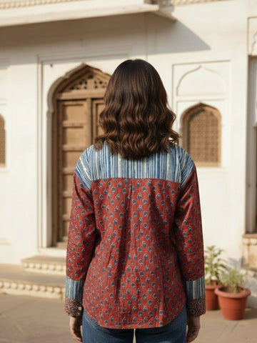 Paneled Cotton Shirt with Floral and Geometric Prints