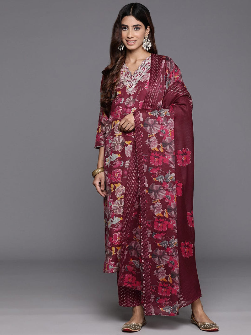 Varanga Women Maroon Floral Printed Embroidered Kurta Paired With Bottom And Dupatta