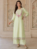 Pista Green Embroidered Chanderi Kurta Set With Organza Dupatta