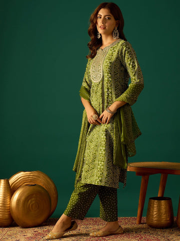 Kurta With Zari-Embroidered Yoke, Paired With Trousers And A Solid Lace-Detailed Dupatta