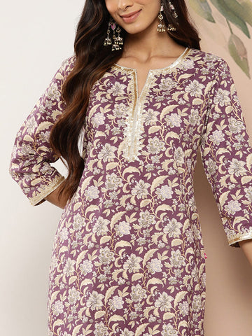 Varanga Women Purple & Gold-Toned Floral Printed Floral Kurta