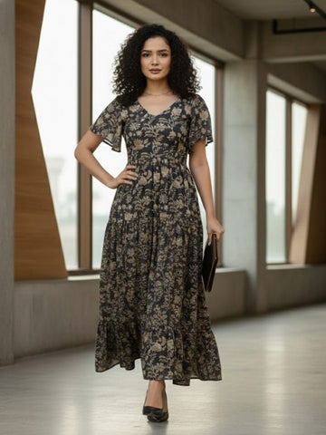 Varanga Womenâ€™s Ethnic Floral Printed Brown Flared Dress featuring a V-Neck and Flared Sleeves.