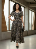 Varanga Womenâ€™s Ethnic Floral Printed Brown Flared Dress featuring a V-Neck and Flared Sleeves.