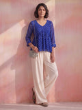 Women's Blue Bandhani Print Peplum Top With V-Neck And Gota Work Detailing