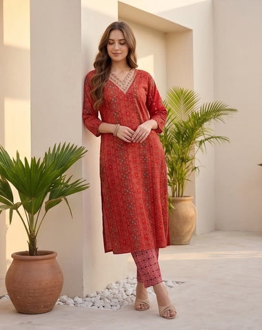 Varanga Women Red Printed V-Neck Embroidered Kurta With Bottom And Dupatta