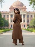 Brown Solid Kurta Set with shirt collar, Full Sleeves and Matching Trousers
