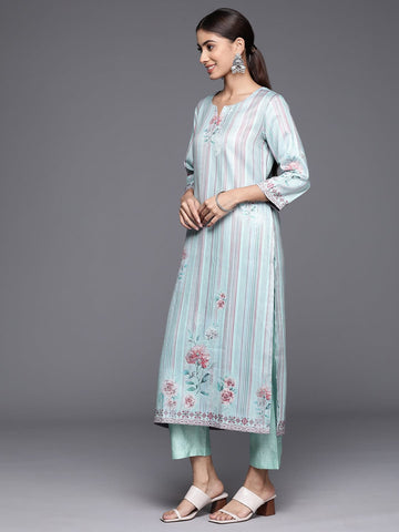 Varanga Women Blue Stripe Printed Straight Kurta Paired With Tonal Bottom And Dupatta