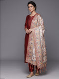 Varanga Women Maroon Woven Zari Embroidered Straight Kurta With Bottom And Dupatta