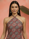 Elegant Ajrakh Full-Length Halter neck Dress