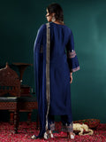 Varanga Women Blue Embroidered Straight Kurta Paired With Tonal Embroidered Bottom And With Tonal Chiffon Dotted Dupatta