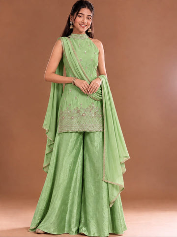 Varanga Women Ethnic Motifs Embroidered Regular Sequinned Kurta with Sharara & With Dupatta