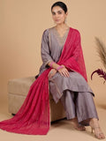 V Neck  Kurta With Lace Detailing, Paired With Solid Trousers And A Contrasting Fuchsia Dupatta.