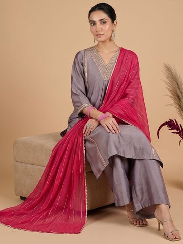 V Neck Kurta With Lace Detailing, Paired With Solid Trousers And A Contrasting Fuchsia Dupatta.