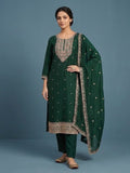 Elegant In Deep Green, This Straight-Fit Kurta With Intricate Zari-Embroidered Yoke Is Paired With Ankle-Length Solid Trousers And A Matching Zari-Accented Dupatta