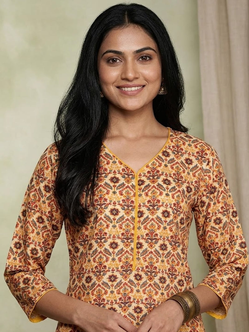 Varanga Yellow colour V neck allover print kurta