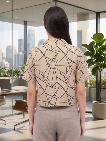 Beige Coloured Short Sleeves Shirt Collar Top