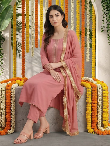 Varanga Women Mauve Straight Kurta With Tonal  Ottom & Dupatta