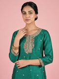 Teal Kurta Set Featuring Beadwork Detailing, Embroidered Hem Trousers, And A Hand-Embroidered Dupatta For A Timeless Ethnic Look.