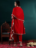 Varanga Women Red Embroidered Straight Kurta Paired With Tonal Bottom And Dupatta