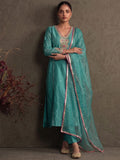 Teal Blue Silk-Blend Embroidered A-Line Kurta With Trousers