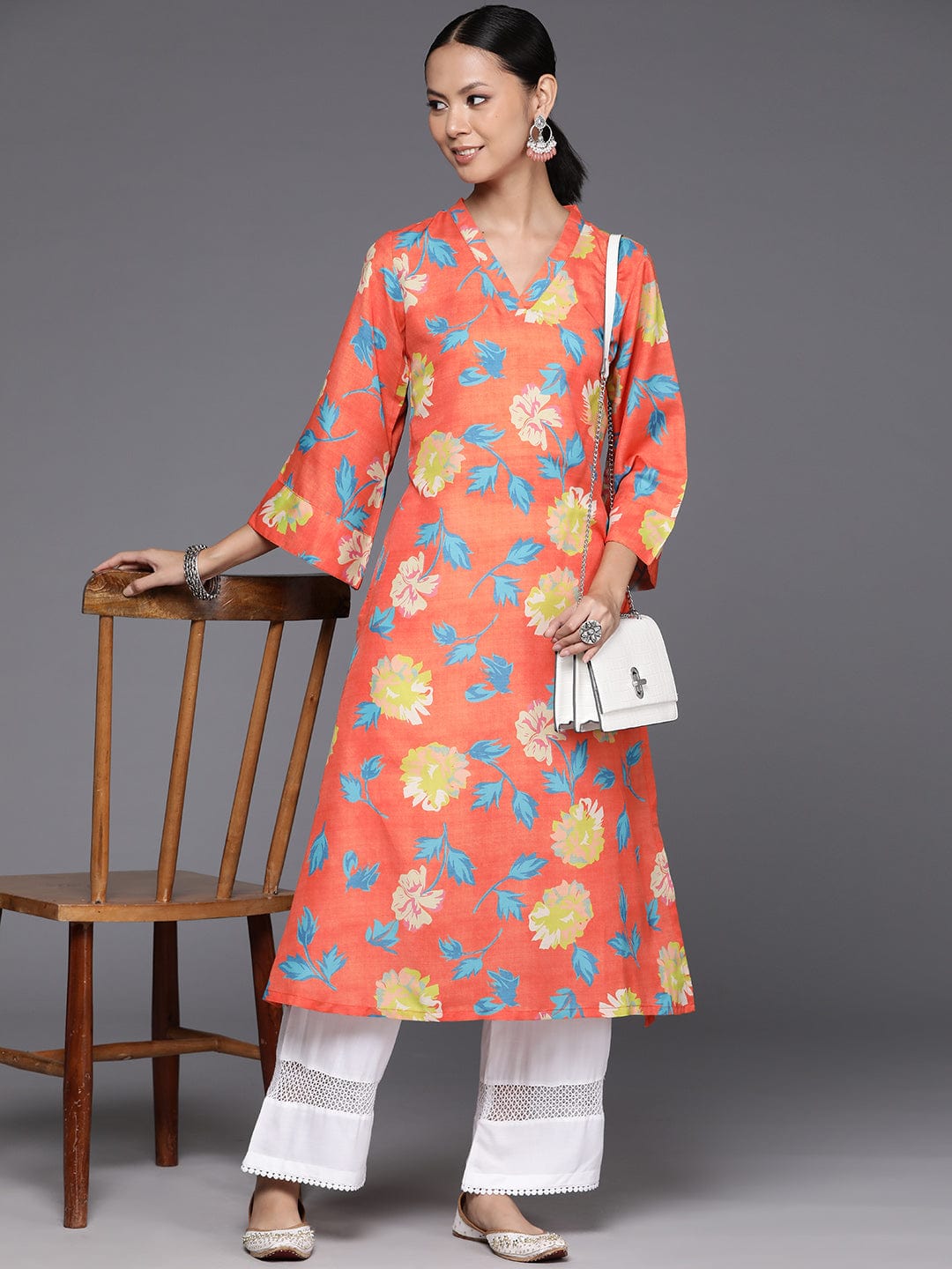 KSUT Women Orange Floral Printed V-Neck A-Line Kurta With Side Slits