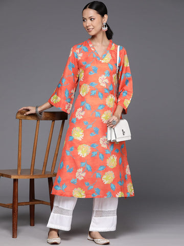 KSUT Women Orange Floral Printed V-Neck A-Line Kurta With Side Slits