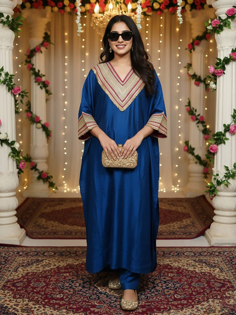 Zari Embroidered Lace Neck Flared Kaftan with Trouser
