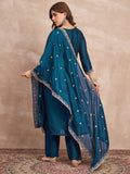 Kurta With Intricate Zari-Embroidered Yoke Is Paired With Ankle-Length Solid Trousers And A Matching Zari-Accented Dupatta
