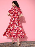 varanga burgundy and white floral print mandarin collar crepe a line midi dress