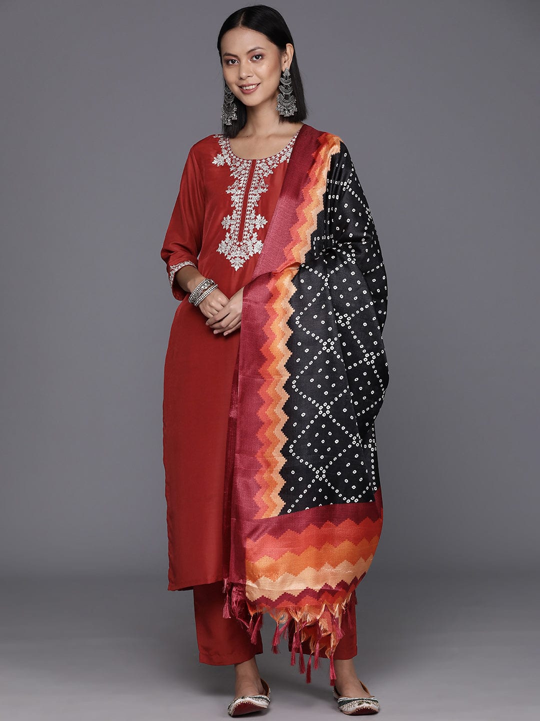 Varanga Women Rust Zari Kurta With Solid Trouser And Dupatta Set