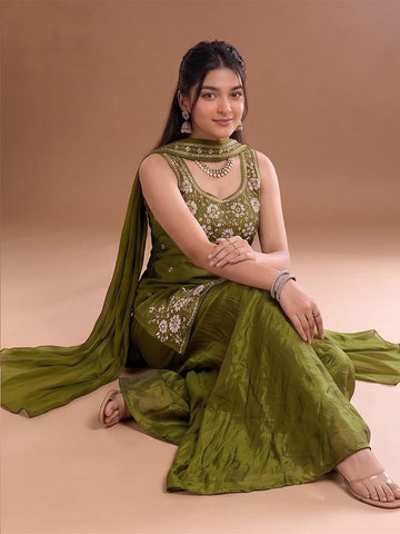 Round Neck Embroidered Kurta Set Featuring Zari And Sequin Work With Flared Palazzo And Embellished Dupatta