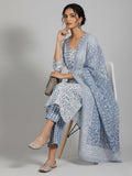 Varanga Women Ethnic Floral Printed V Neck Straight Kurta with Trouser & Dupatta