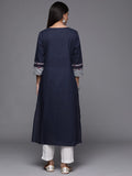 Varanga Women Navy Blue & White Yoke Design Screen Print Thread Work Cotton Straight Kurta