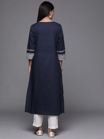 Varanga Women Navy Blue & White Yoke Design Screen Print Thread Work Cotton Straight Kurta