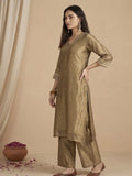 Varanga Women Kurta Set With Intricate Lace Detailing And Solid Ankle-Length Trousers, And  Printed Dupatta.