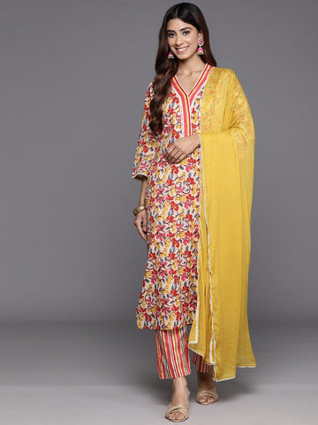 Varanga Floral Embroidered Thread Work Pure Cotton Kurta with Trousers & Dupatta