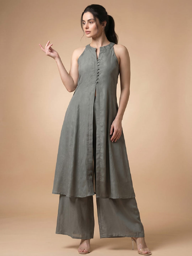 Solid Grey Halter Neck Front Slit Kurta With Palazzos
