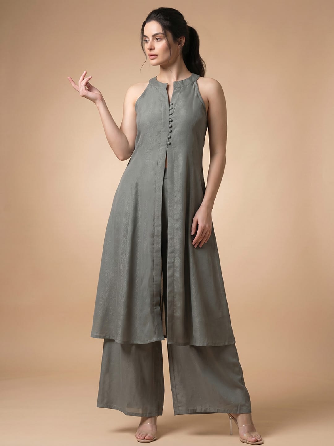 Solid Grey Halter Neck Front Slit Kurta With Palazzos