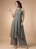 Solid Grey Halter Neck Front Slit Kurta With Palazzos