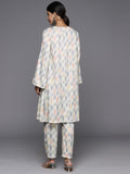 KSUT Women Ivory Grey Ikat Printed V Neck A Line Kurta With Flared Sleeves With Bottom