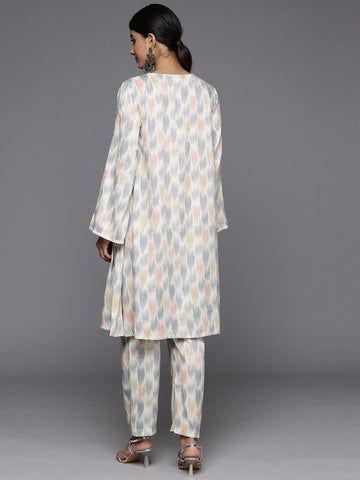 KSUT Women Ivory Grey Ikat Printed V Neck A Line Kurta With Flared Sleeves With Bottom