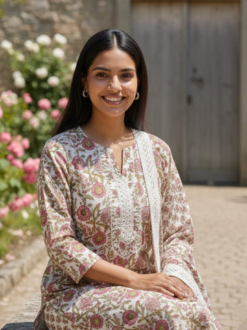 Varanga Women Floral Printed Regular Pure Cotton Kurta with Trousers & With Dupatta