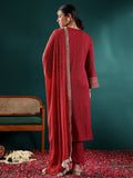 Varanga Women Maroon Solid V-Neck  Embellished With Gota Straight Kurta Paired With Tonal Bottom And Dupatta