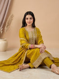 Kurta With Intricate Zari-Embroidered Yoke With Trousers And Zari-Accented Dupatta